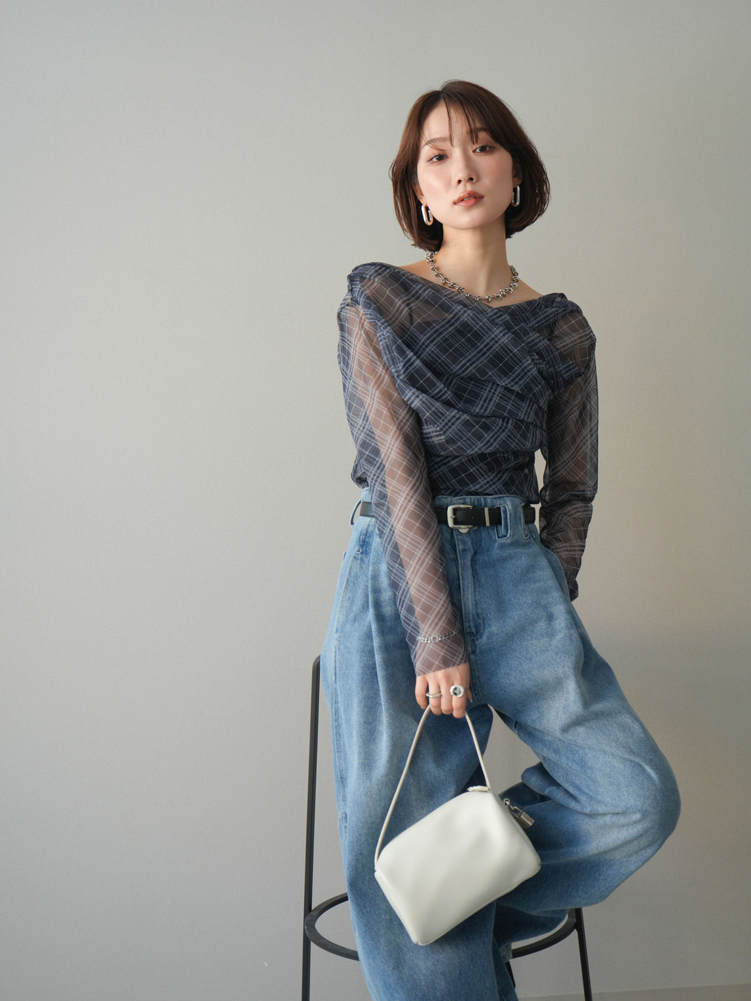 [予約]チュールバイアスチェックプリントタックネックトップス/navy