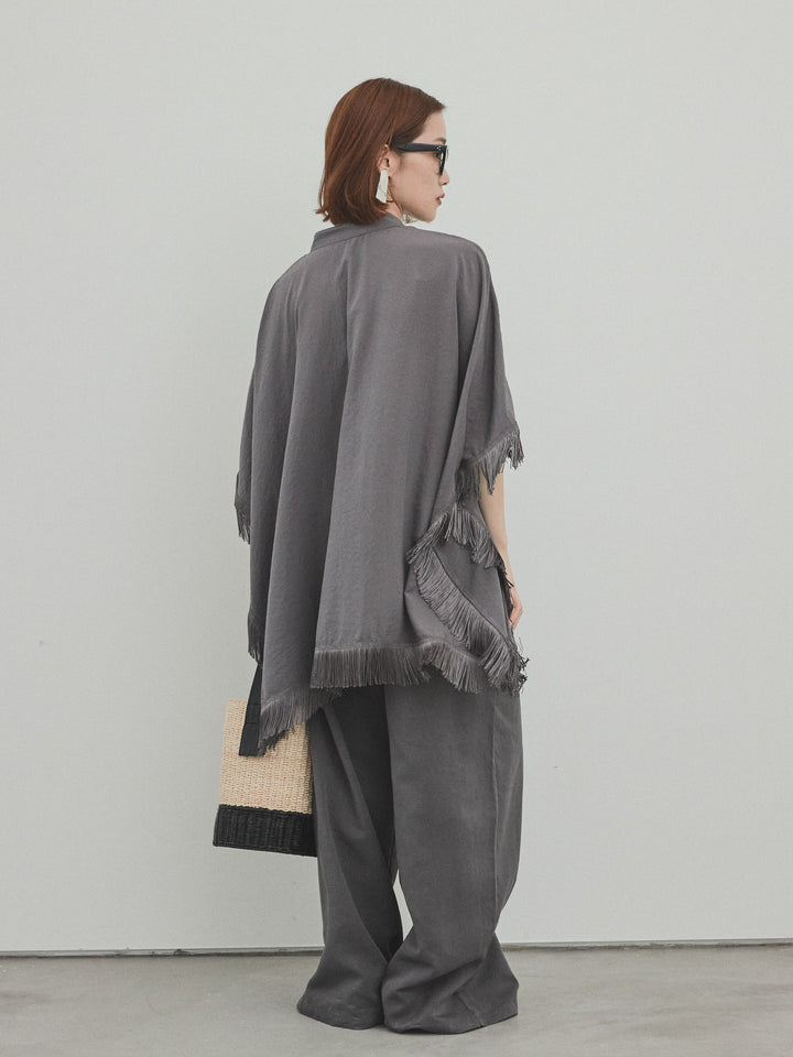 [SET] 方形流蘇斗篷襯衫 + 亞麻觸感褶皺寬褲 (2 件套)