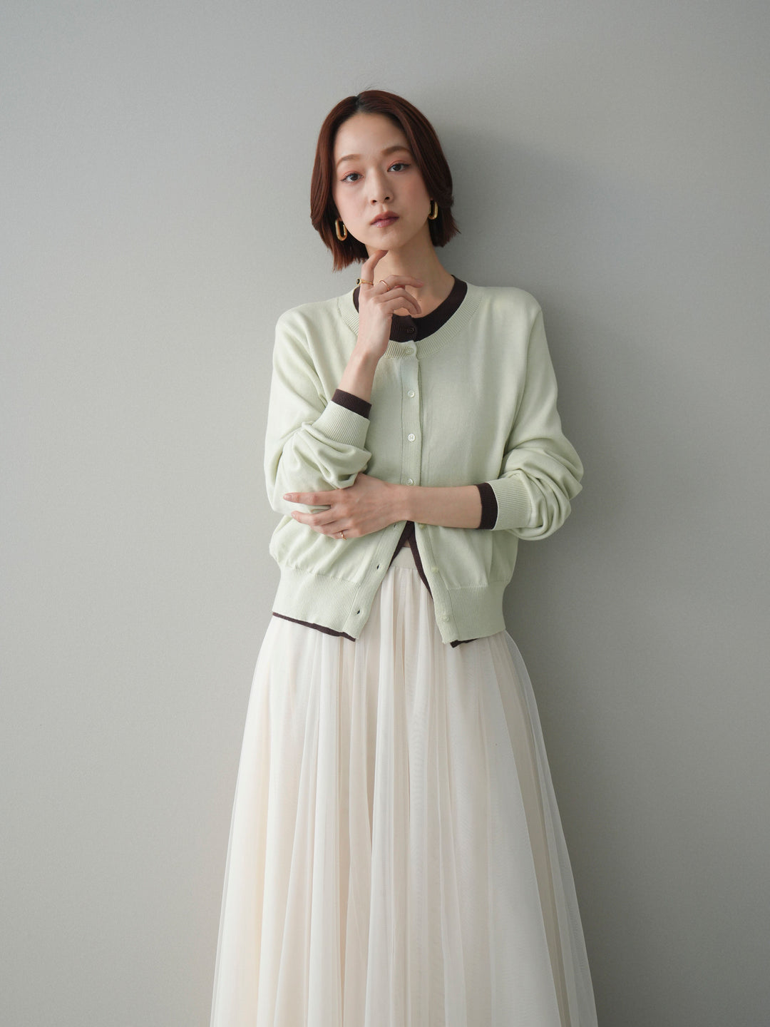 [予約]配色レイヤードコットンアクリルニットカーディガン/mint