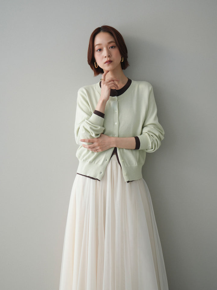 [予約]配色レイヤードコットンアクリルニットカーディガン/mint