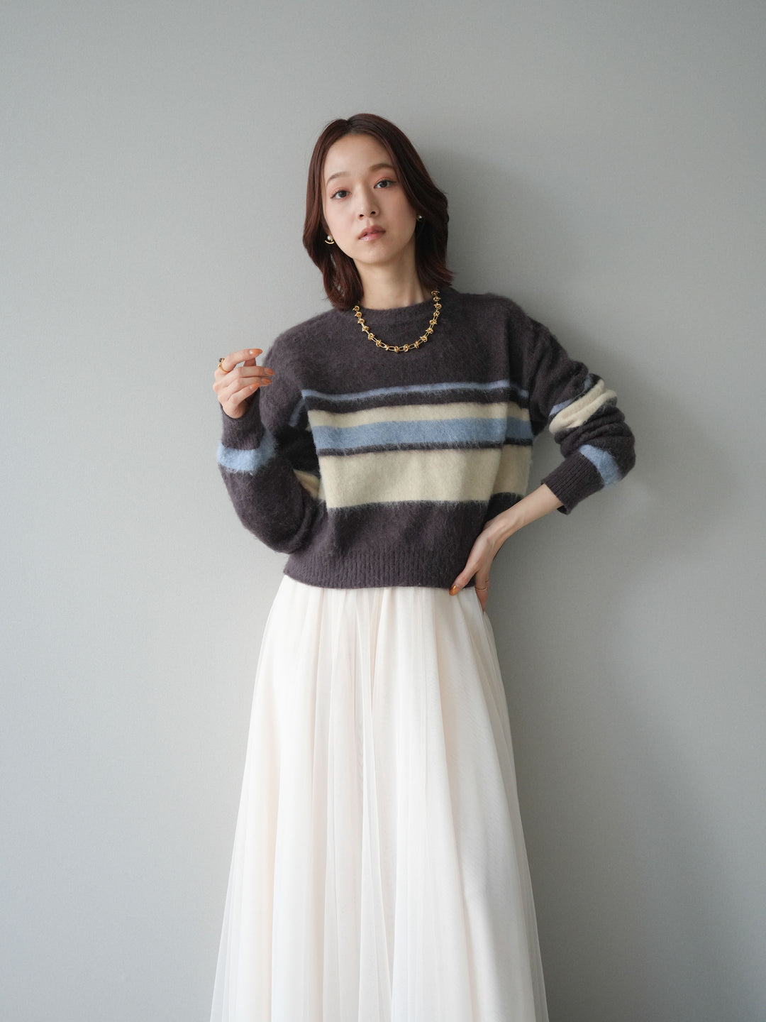 [SET]ソフトタッチボーダークロップドニットプルオーバー+チュールボリュームスカート(2set)