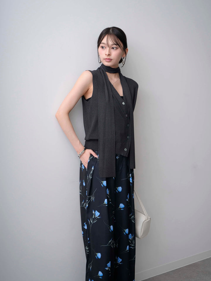 [SET]ネックレイヤードアシメニットベスト+フラワープリントドレープタックパンツ(2set)