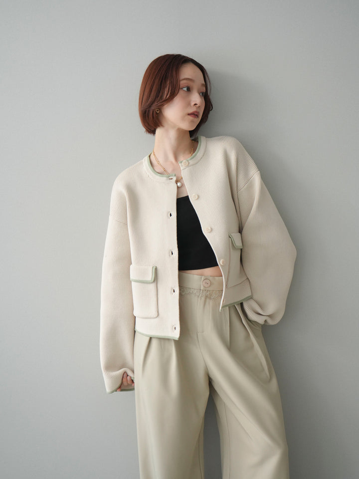 [SET]ポリエステル配色ニットカーディガン+ウエストレースタックワイドパンツ(2set)