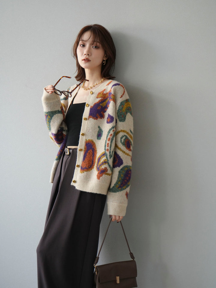 【着回しセット】[SET]求心柄クロップドニットカーディガン+ミックスヤーンペイズリー柄ニットカーディガン+ベルトループデザインワイドパンツ(3set)