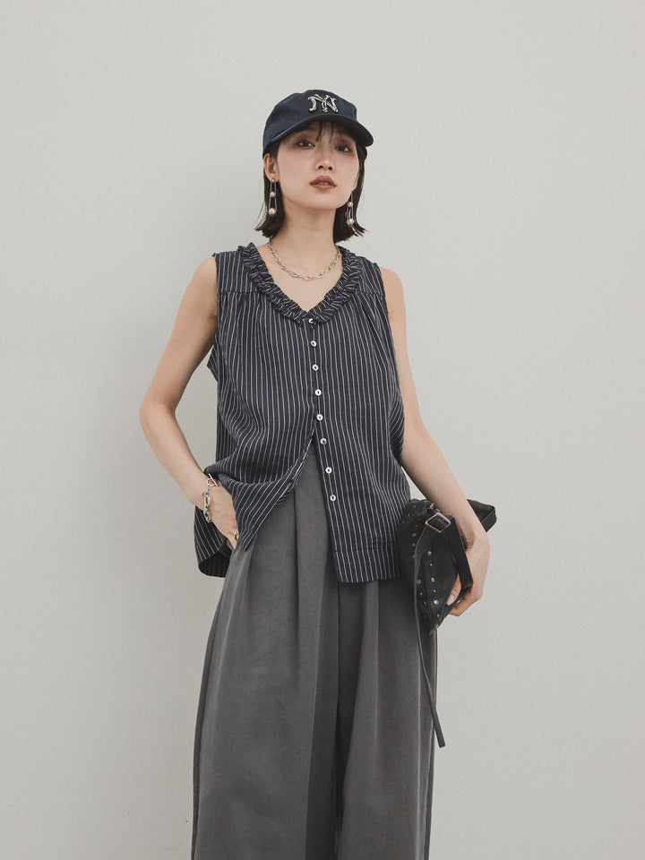 [SET] 條紋荷葉邊襯衫 + 條紋荷葉邊襯衫 (2件套)