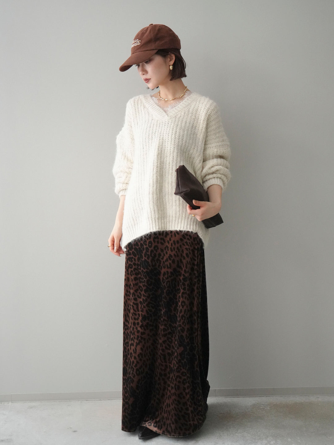 [SET]Vネックレースニットプルオーバー+レオパードベロアナロースカート(2set)