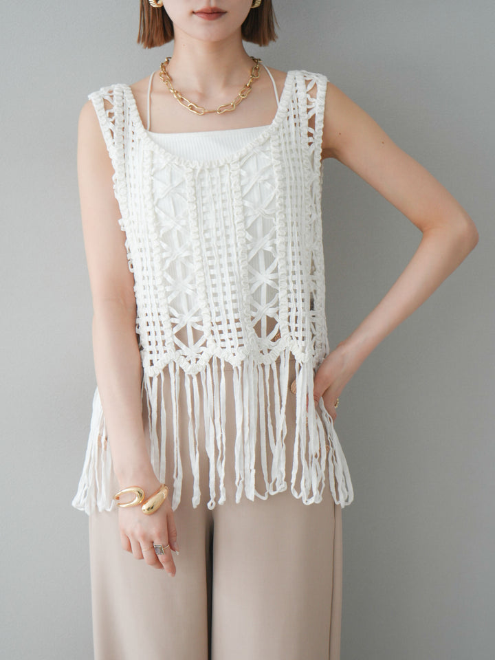 [予約]クロシェフリンジノースリーブトップス/アイボリー