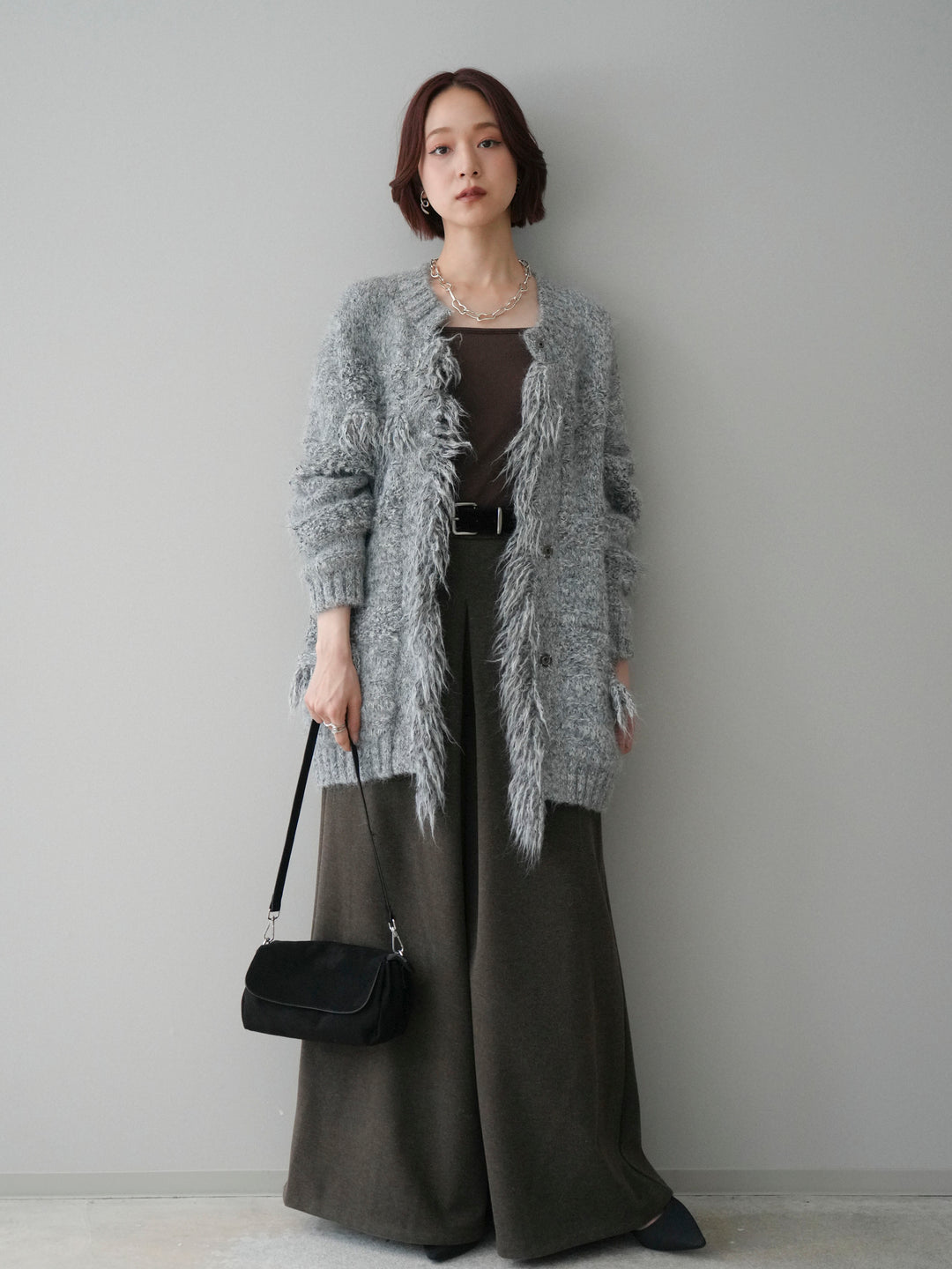 [SET]ミックスヤーンフリンジデザインニットジャケット+ストーンフォークリング(2set)