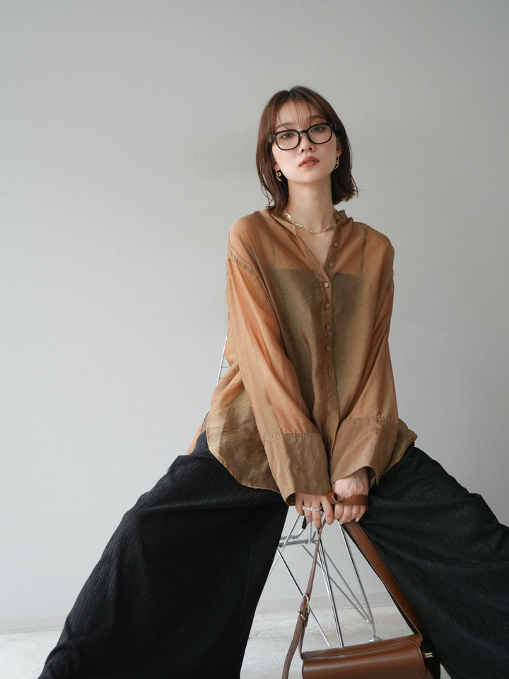[SET] 亮面透視立領襯衫 + 柳葉寬褲 (2set)