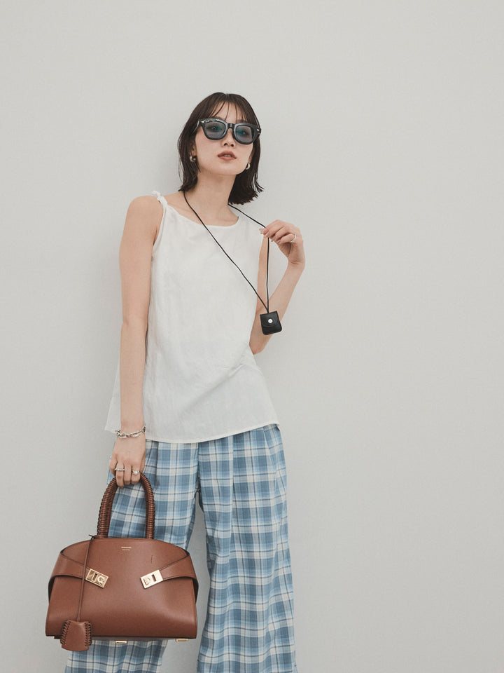 [SET] 扭紋無袖上衣配皮項鍊 + 格紋寬褲 (2 件套)