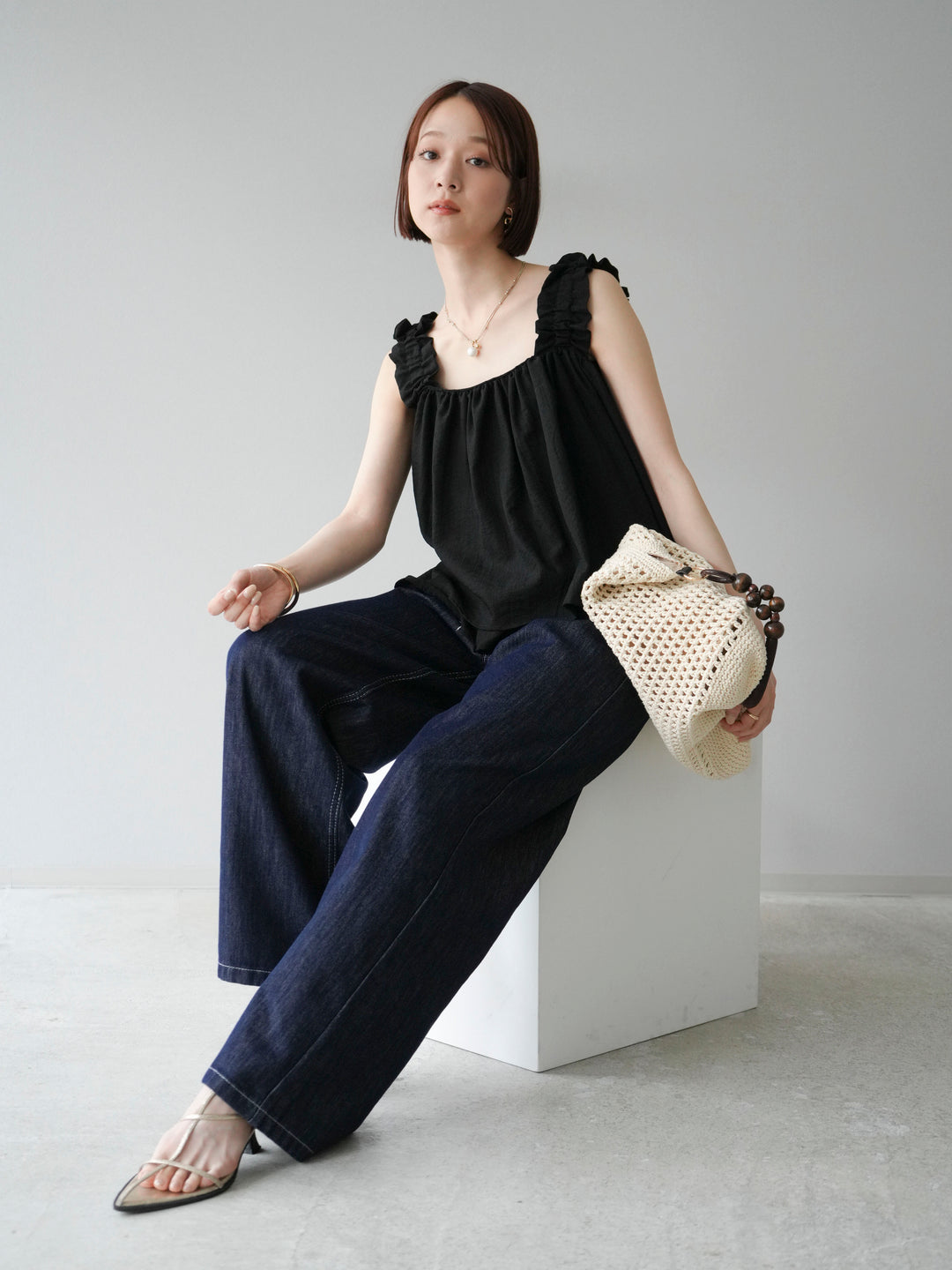 [予約]ギャザーショルダーフレアタンクトップ/ブラック