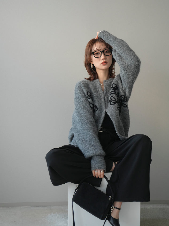 [SET]テープ刺繍ホック開きブークレニットカーディガン+ベルトループデザインワイドパンツ(2set)