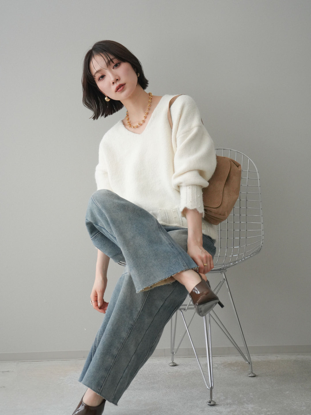 [SET]パールフリルリブヘムニットプルオーバー+選べるアクセセット(2set)