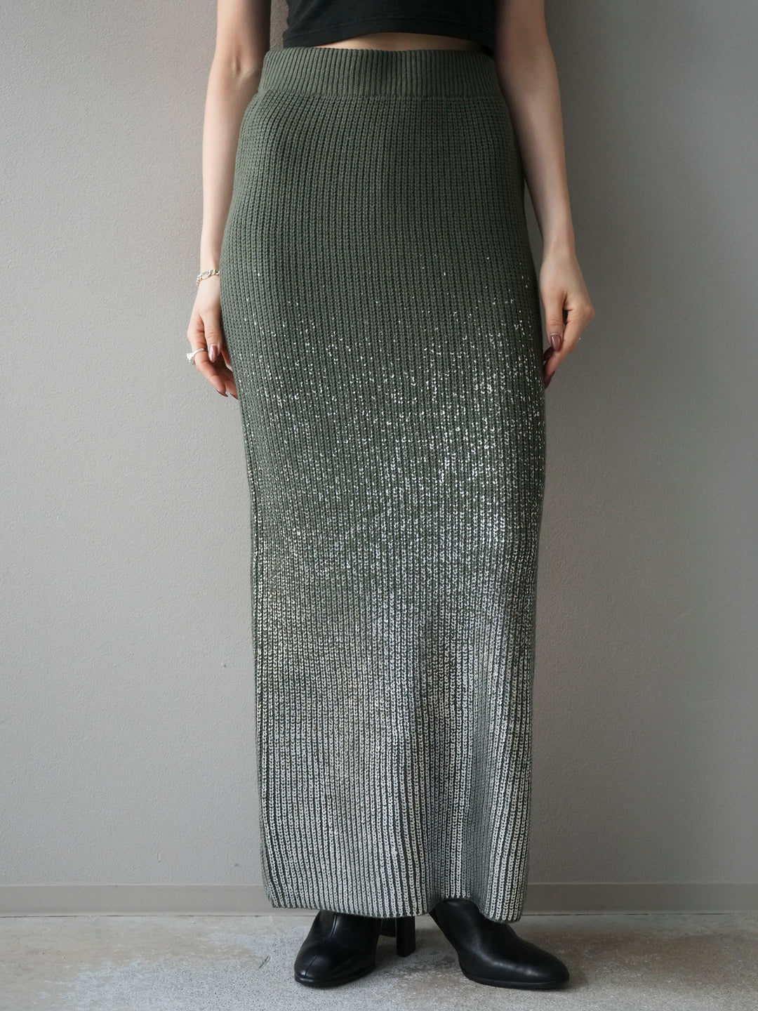 [予約]箔プリントニットタイトスカート/ashgreen