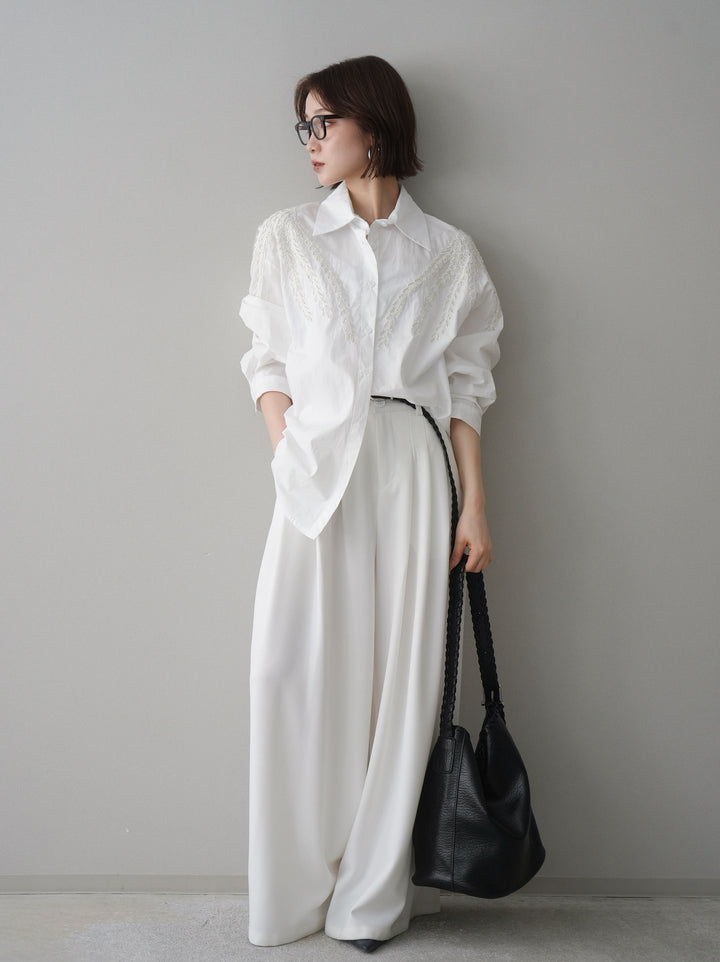 [予約]編み込みベルト付タックワイドパンツ/white