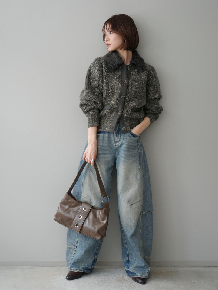 [SET]襟ボアミックスヤーンニットカーディガン+ベルト付カーブデニムパンツ(2set)