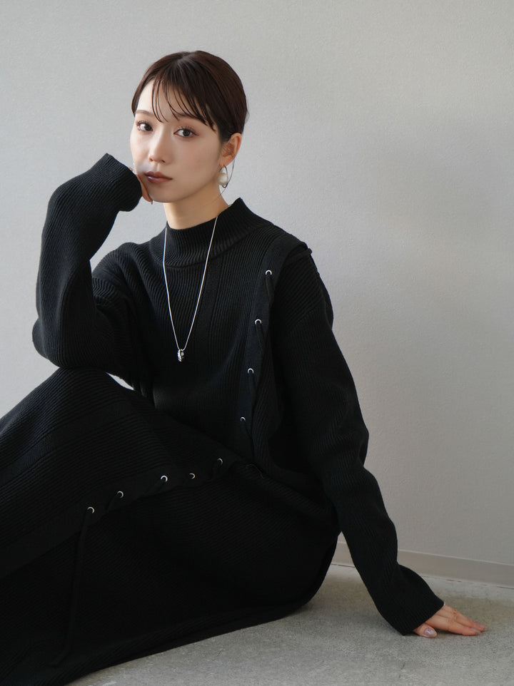 [SET] 不對稱繫帶高領針織連身裙 + 可選飾品套裝 (2套)