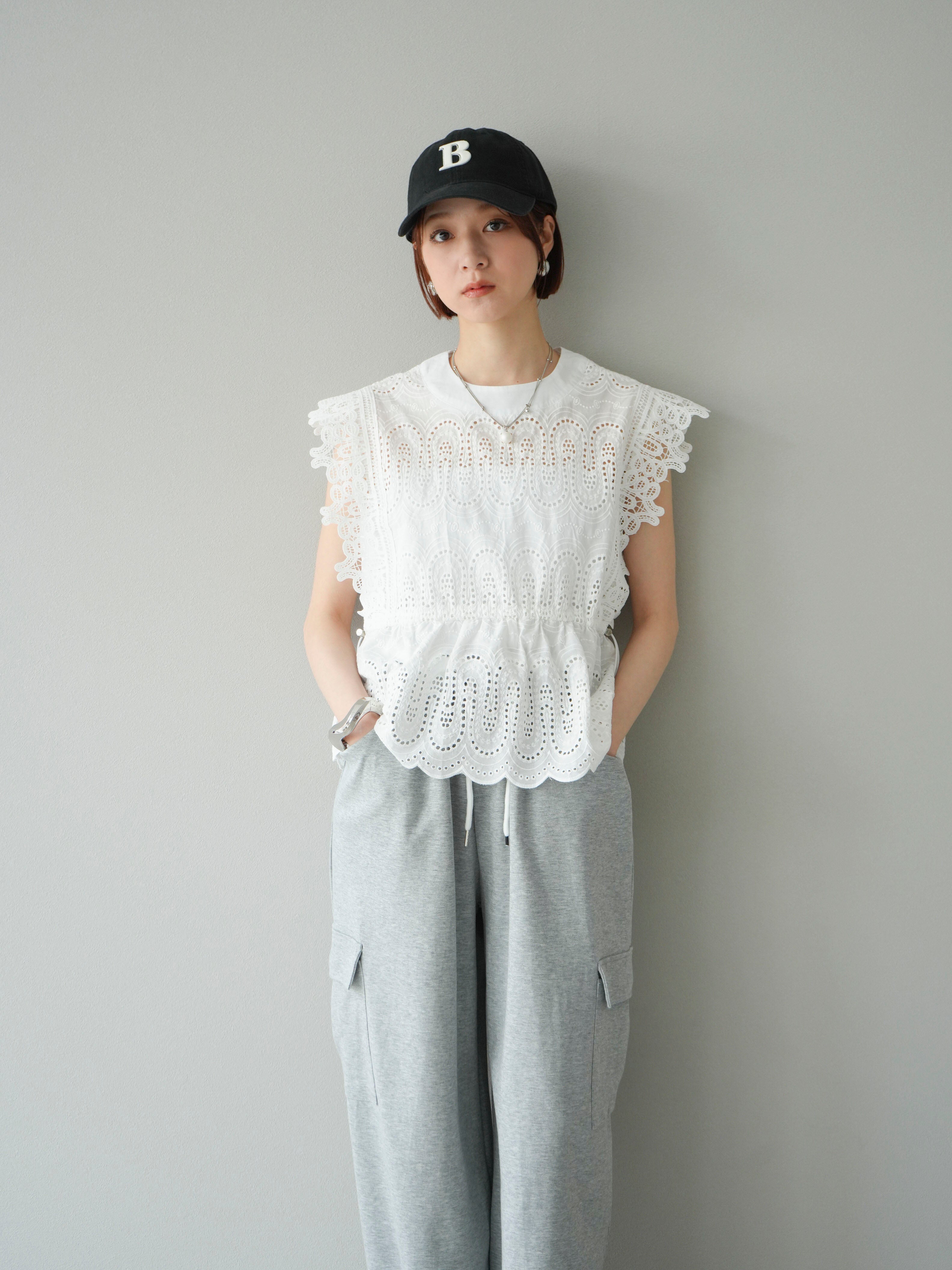 SET]スカラップ刺繍レースブラウス+ウエストラインサイドポケット