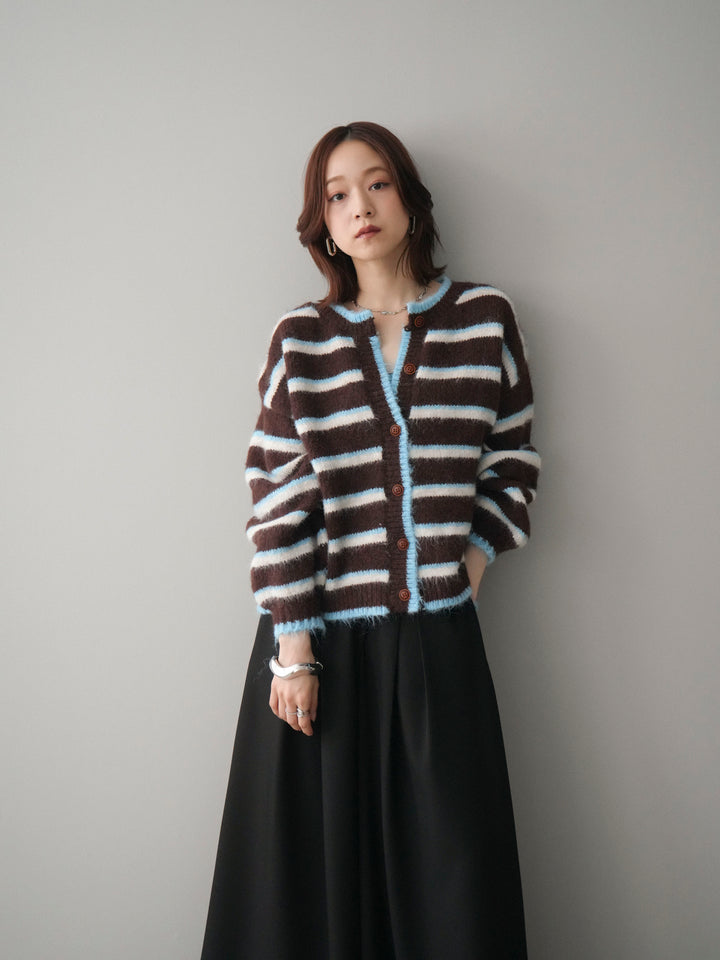 [SET]ウールタッチ配色ボーダーニットカーディガン+テープベルトタックバギーパンツ(2set)