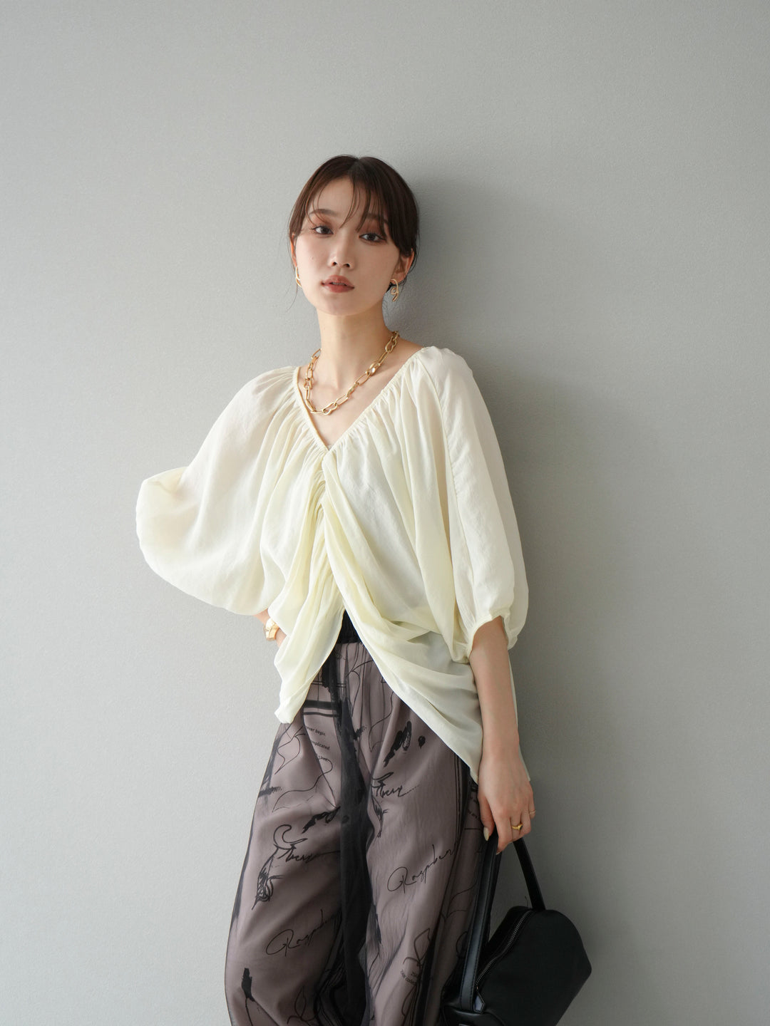 [SET]ボリュームスリーブシアータックブラウス+コード刺繍チュールレイヤードパンツ(2set)