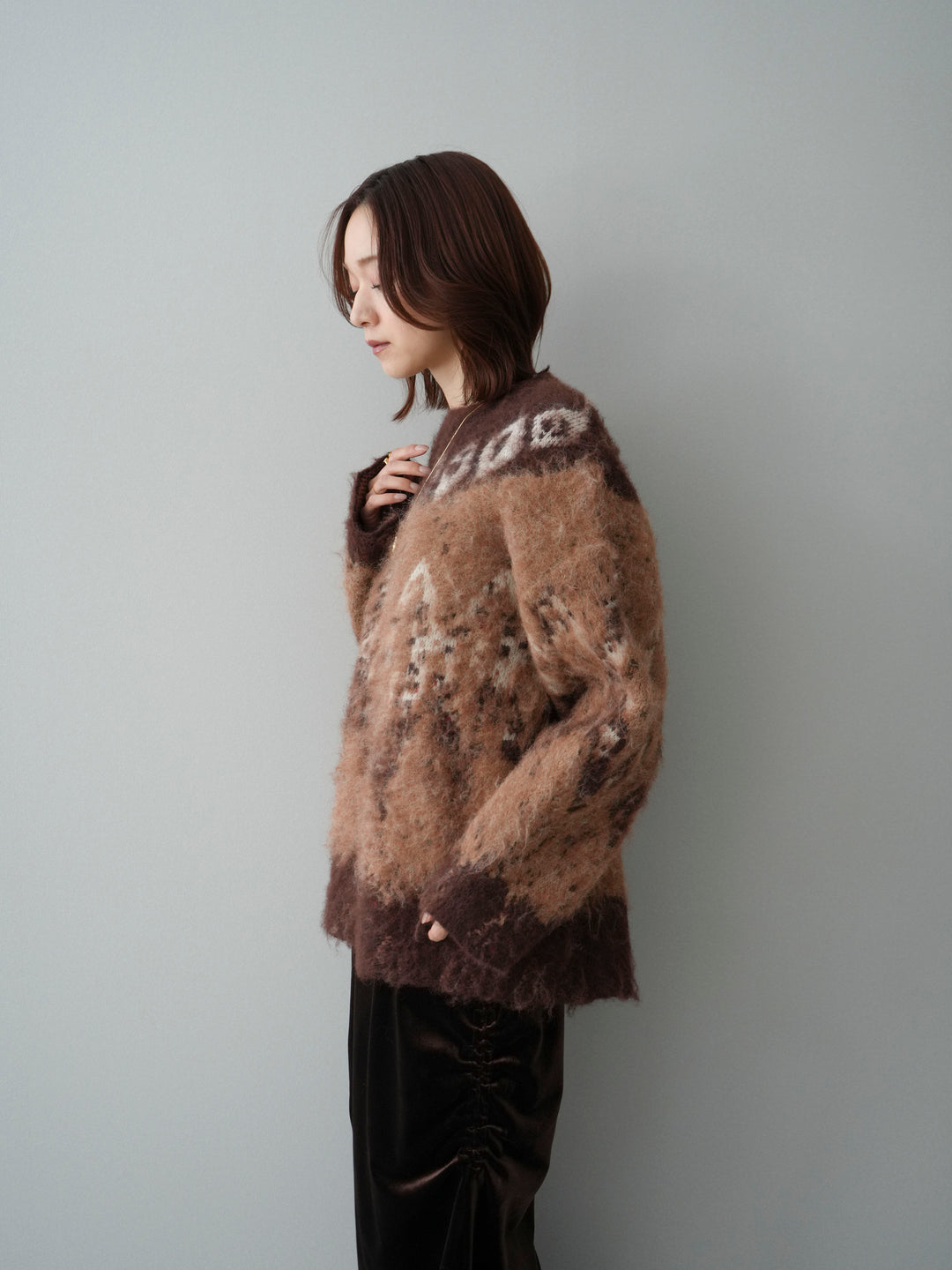 [SET]シャギーニュアンス柄ニットプルオーバー+ギャザーベロアスカート(2set)