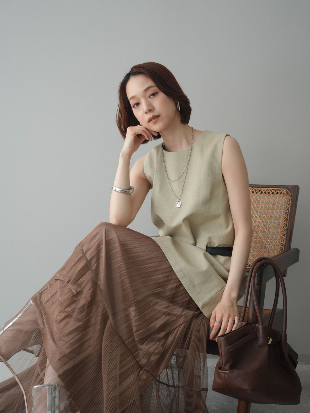 [SET]ベルト付リネンライクノースリチュニック+選べるアクセセット(2set)