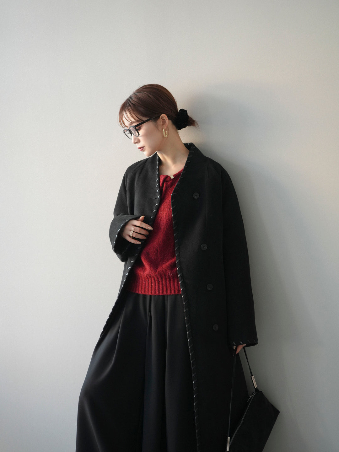 [予約]ハンドステッチ裏中綿ロングコート/black