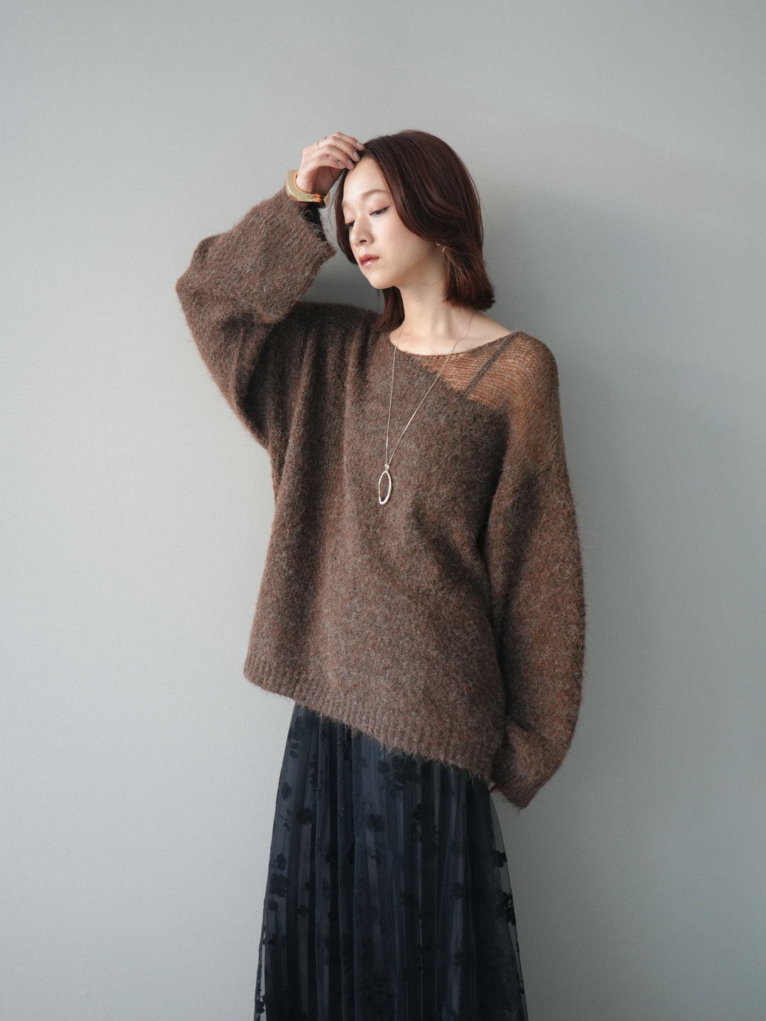 [SET]透かしデザインニットプルオーバー+フラワーフロッキーチュールプリーツスカート(2set)