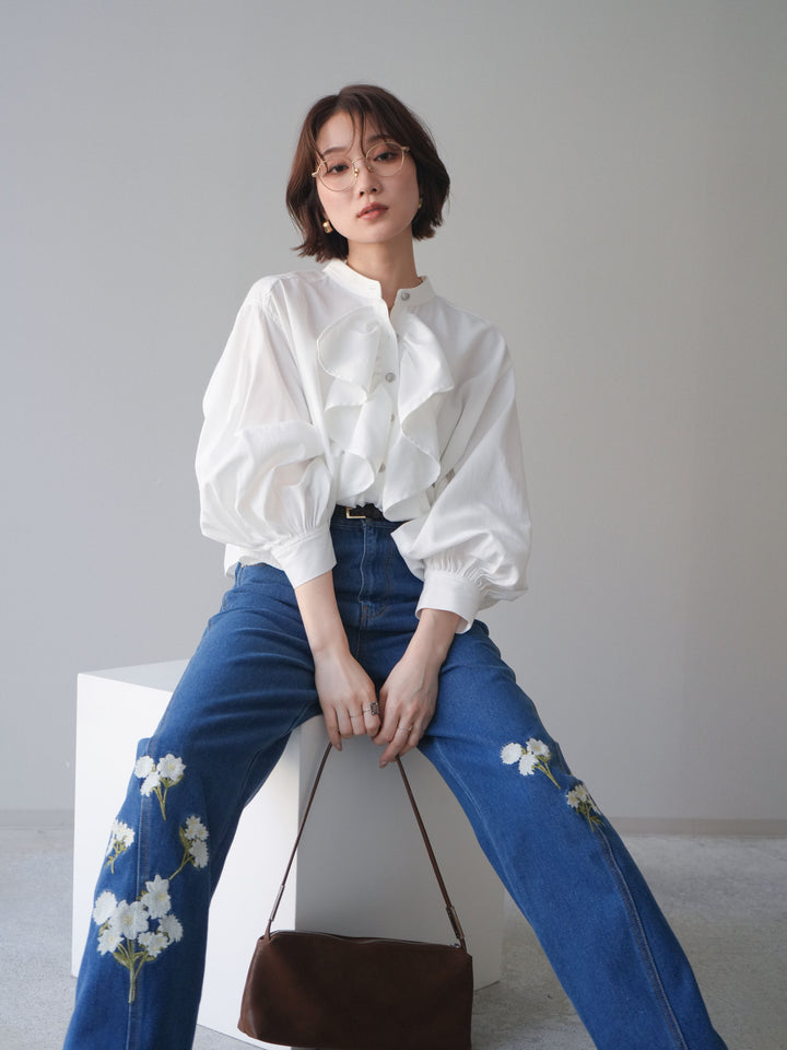 [SET]ラッフルフレアショートブラウス+フラワー刺繍ストレートデニム(2set)