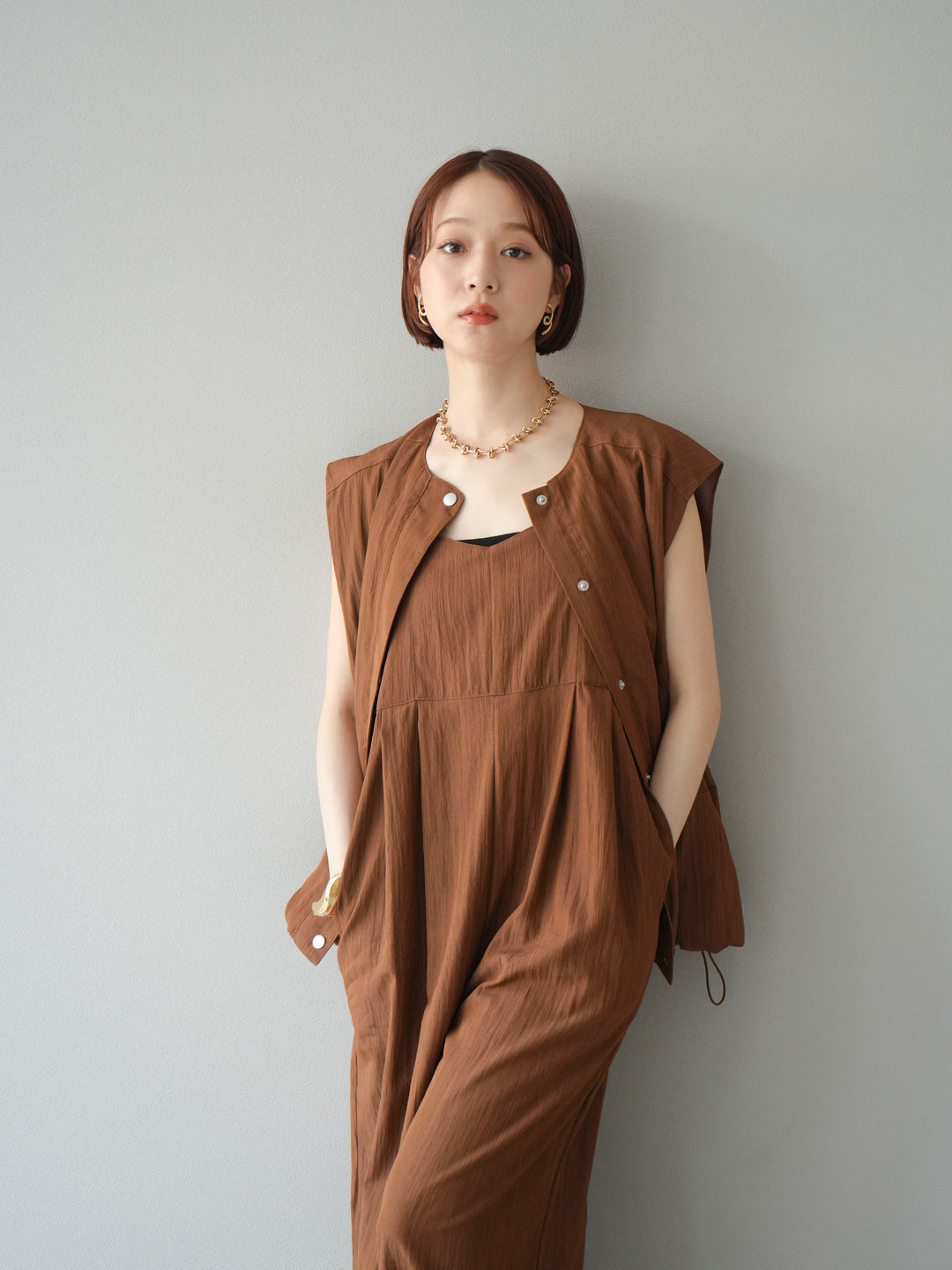 [SET]リネンライクビスチェデザインサロペット+リネンライクドロストバルーンブルゾン(2set)