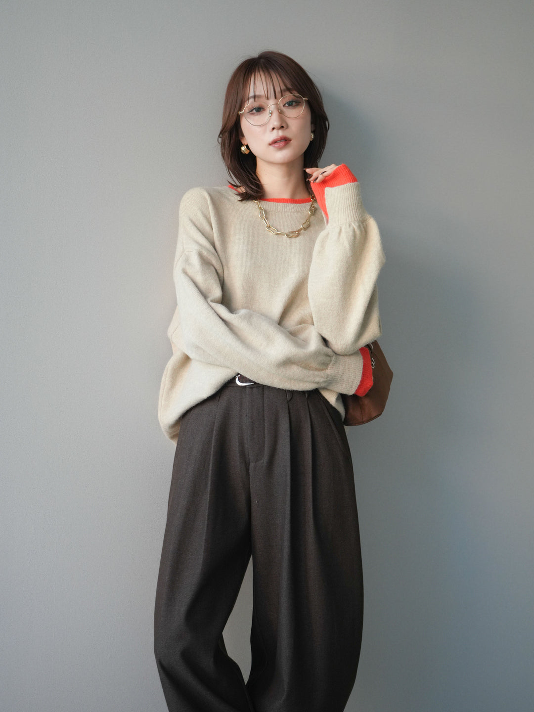 [予約]ヘンリーネック配色レイヤードニットプルオーバー/beige