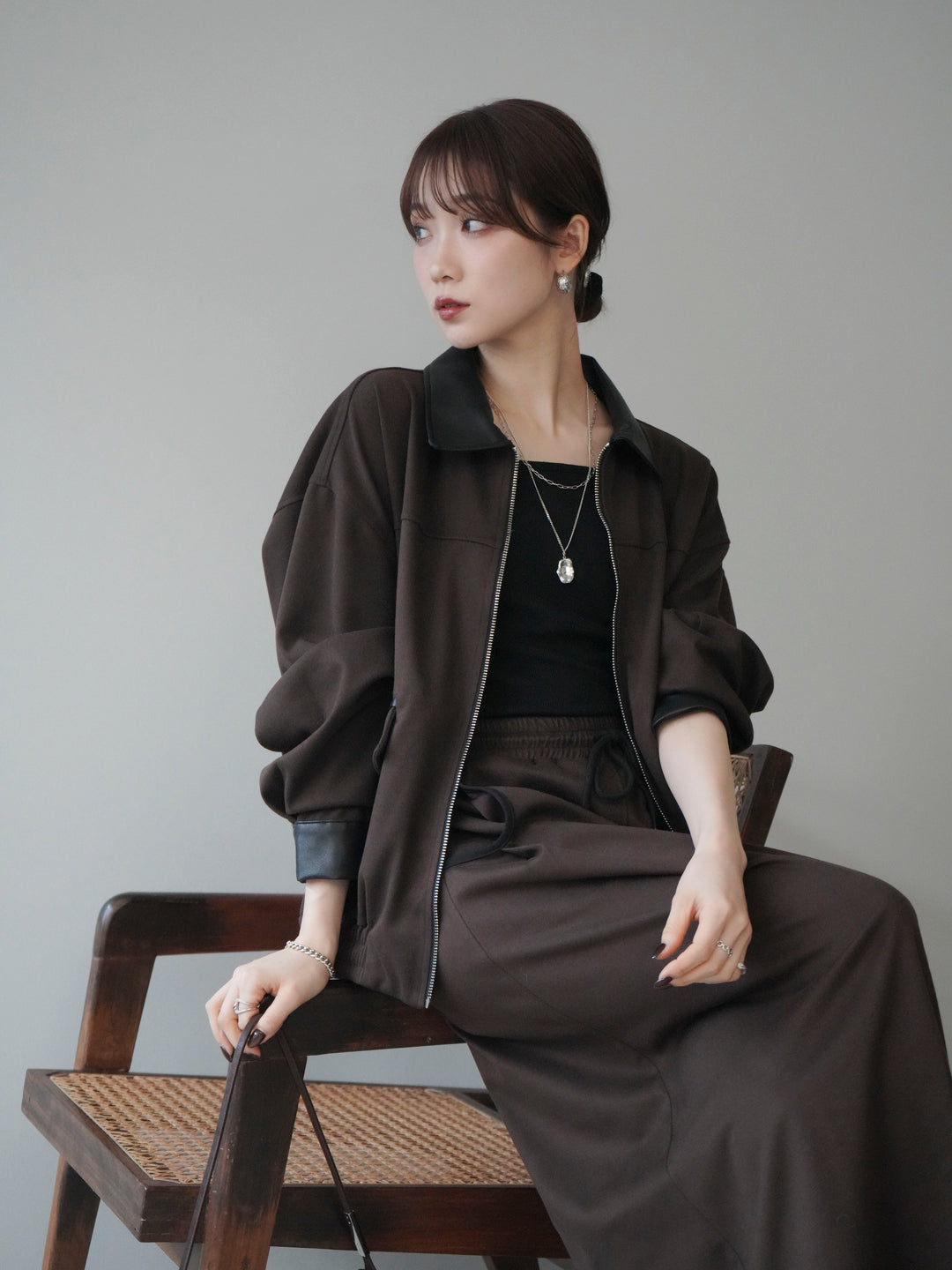 [予約]レザー襟配色パイピングブルゾン/brown