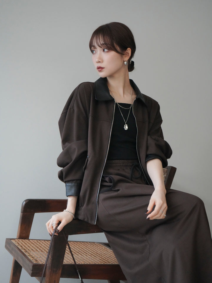 [予約]レザー襟配色パイピングブルゾン/brown