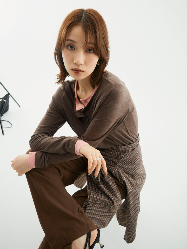 【Allure】[SET]配色レイヤードヘンリーネックトップス+タフタワイドカーブパンツ+チェックBIGカフスオーバーシャツ(3set)