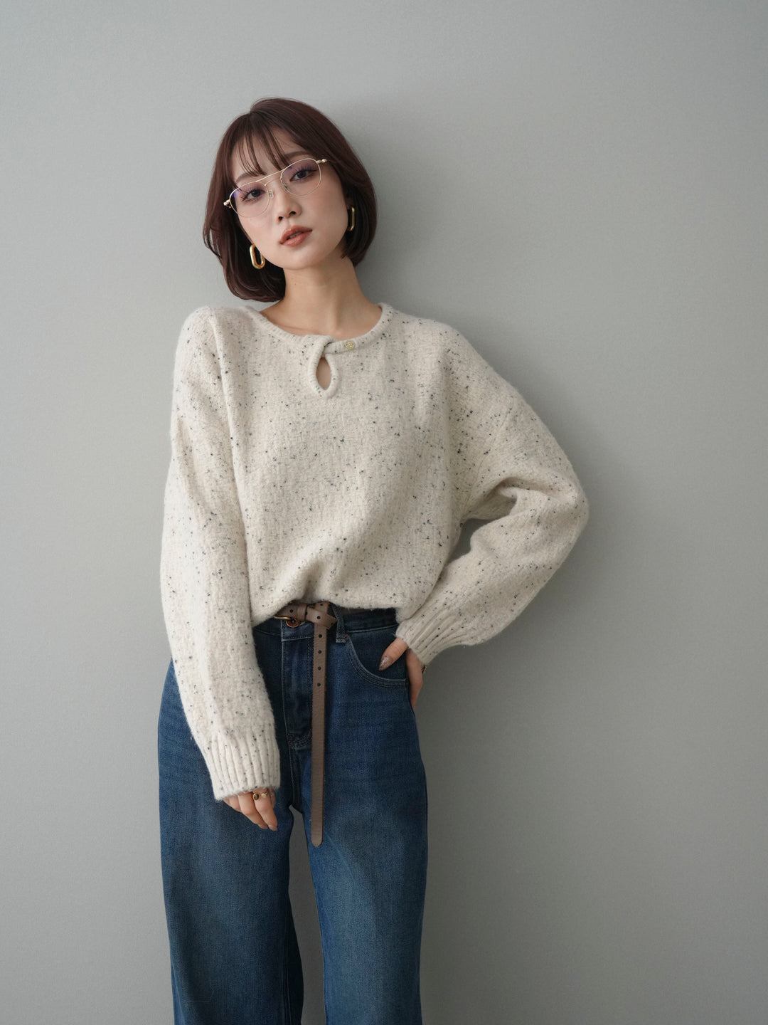 [SET]ツイストネックラメネップヤーンニットプルオーバー+選べるアクセセット(2set)