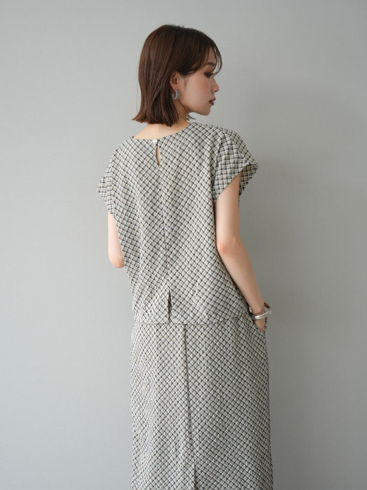 [予約]チェック柄タックデザインフレンチスリーブトップス/ブラウン