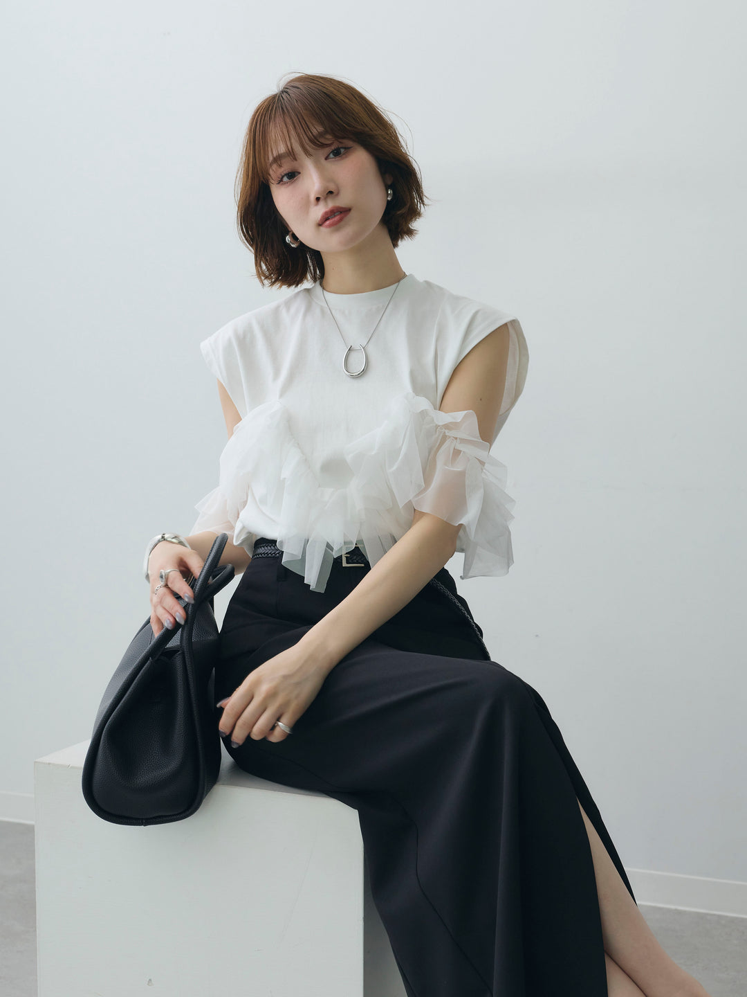 [SET]マルチwayフリルフレンチTEE+クレープデシンフラップ付きストレートスカート(2set)