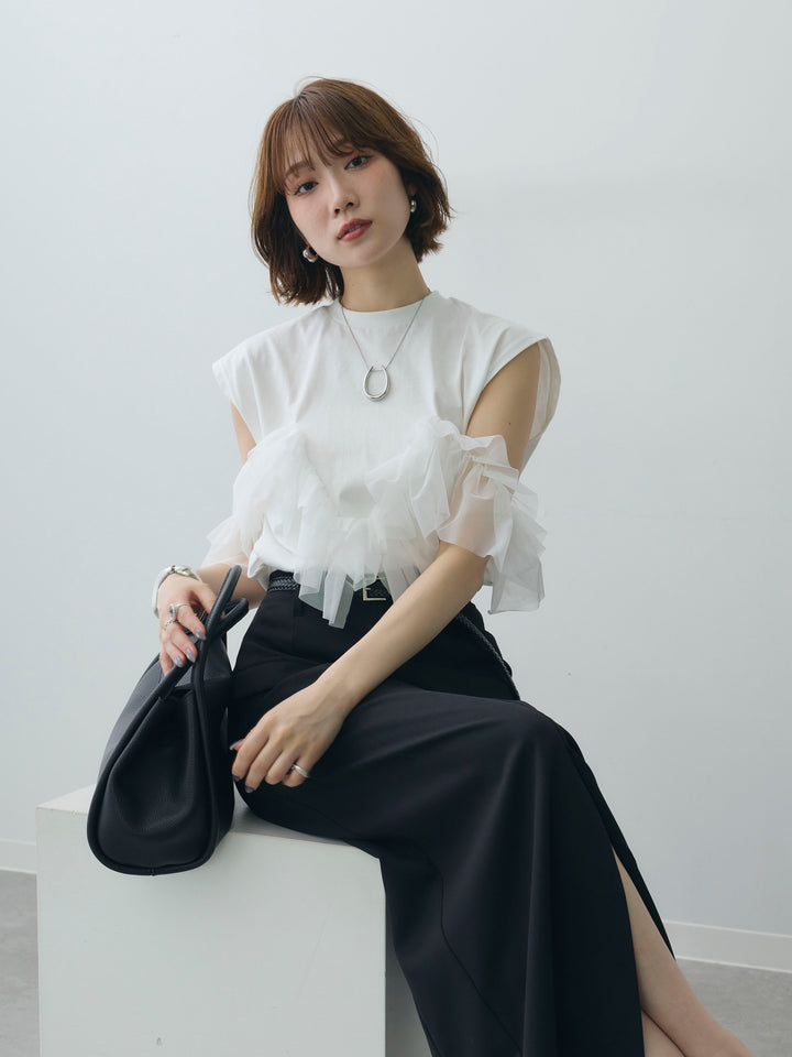 [SET]マルチwayフリルフレンチTEE+クレープデシンフラップ付きストレートスカート(2set)