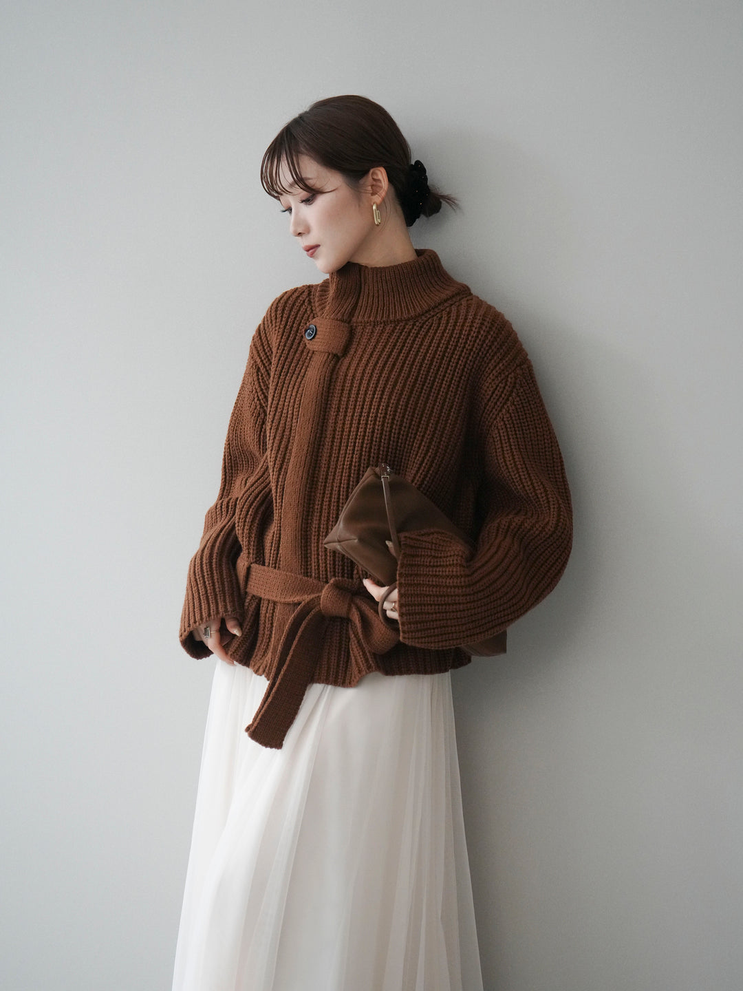 [予約]畦編みボトルネックZIPニットカーディガン/brown