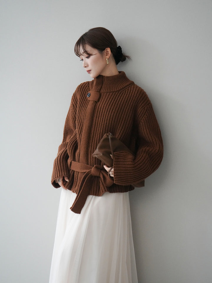[予約]畦編みボトルネックZIPニットカーディガン/brown
