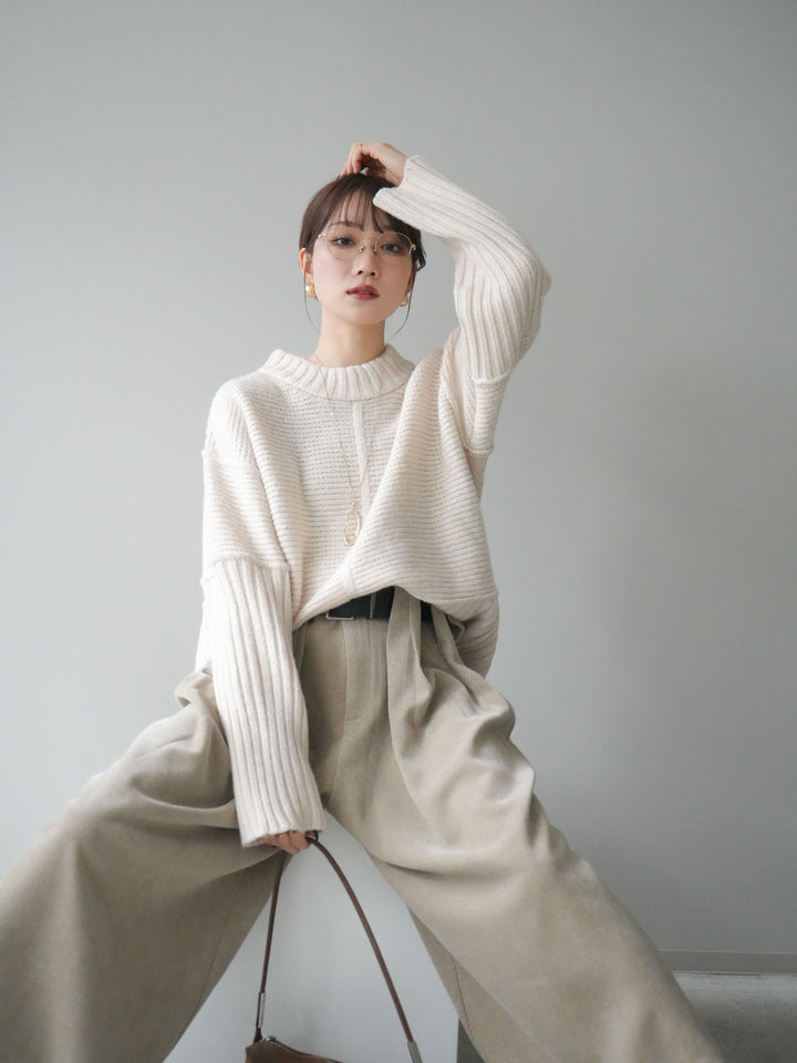 [SET]編み地切替ボトルネックニットプルオーバー+ベルトデザインループコールテンワイドパンツ(ベルト付き)(2set)
