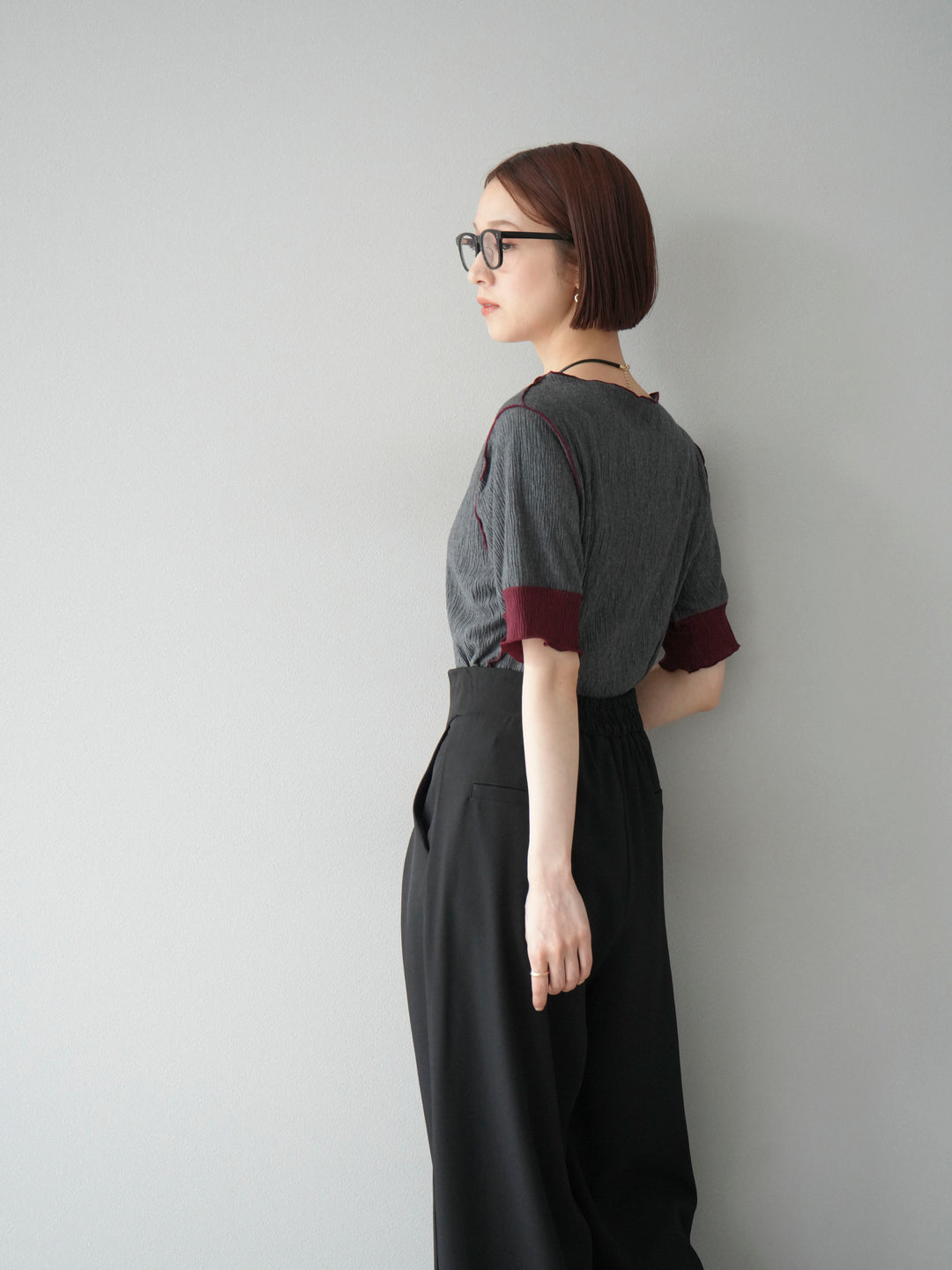 [SET] 百褶同色船領套頭衫 + 拉鍊褶襉寬褲 (2 套)