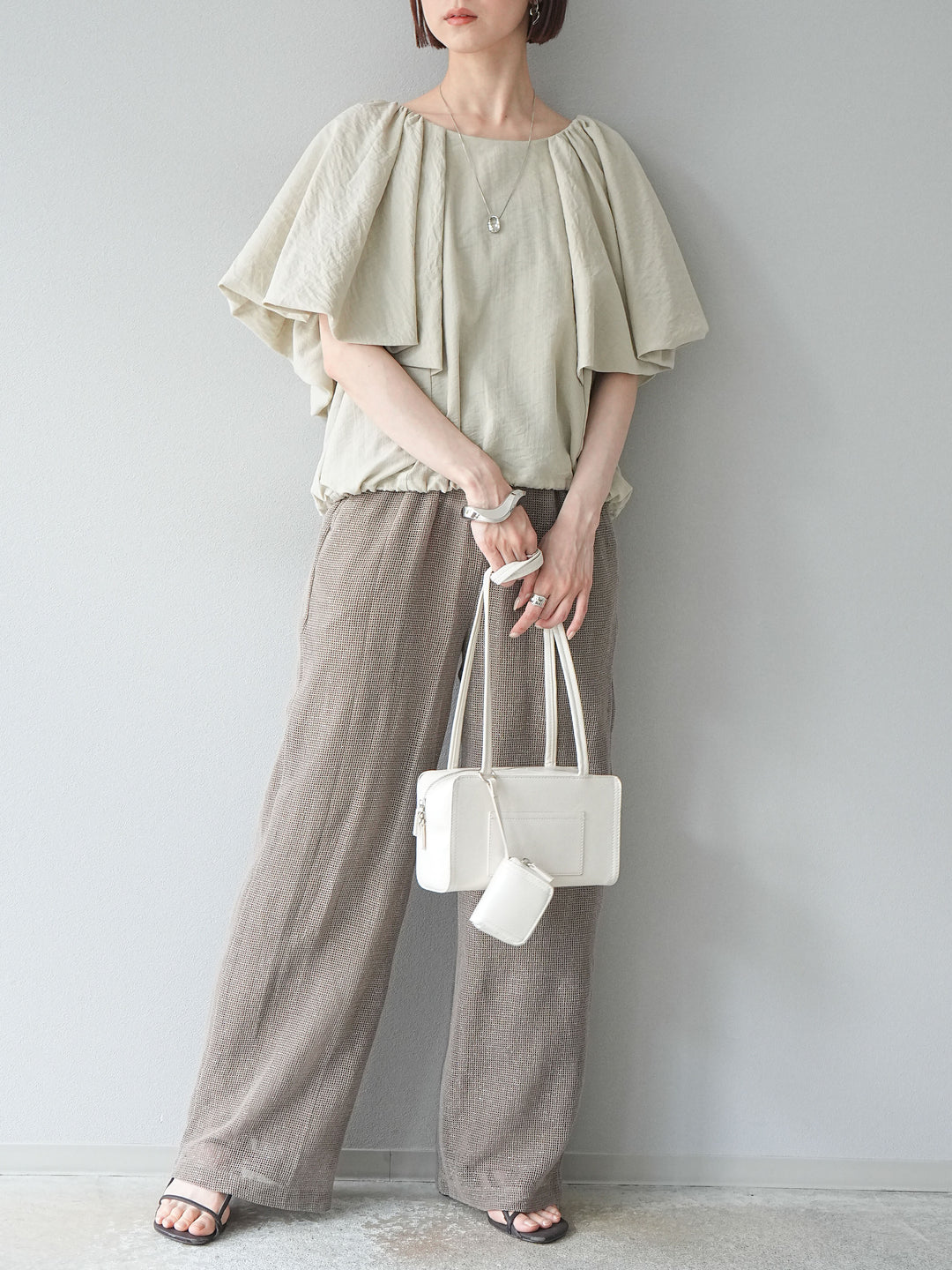 [預購] 棉金銀絲網眼休閒褲/米色