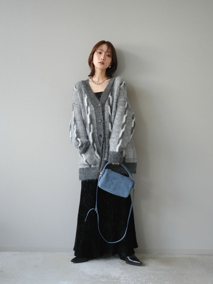 [SET]バイカラー編み込みデザインニットカーディガン+ベロアプリーツナロースカート(2set)