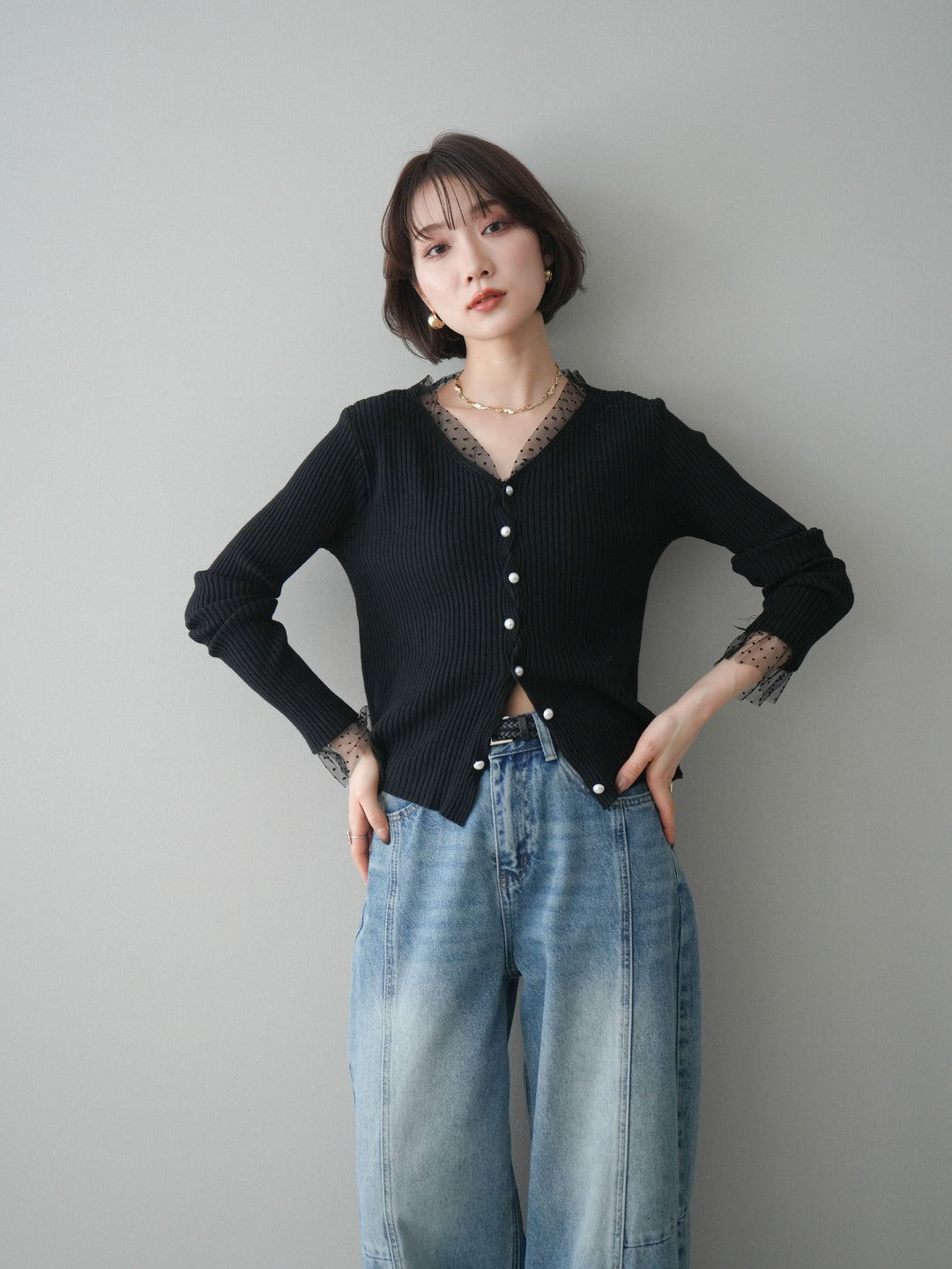 [SET]チュールドッキングパールボタンニットカーディガン+選べるアクセセット(2set)