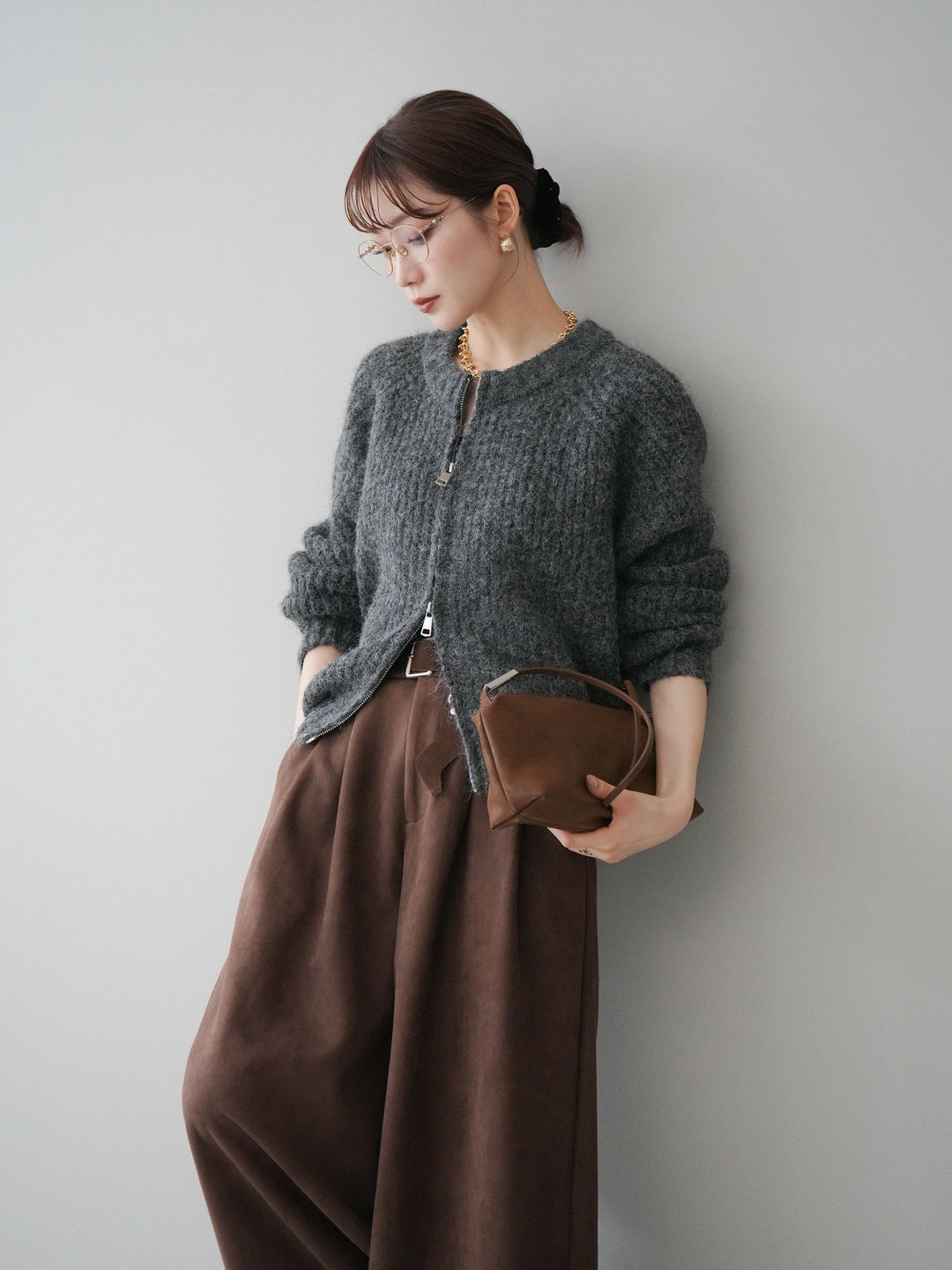 [予約]MIXヤーンモヘアタッチZIPニットカーディガン/gray