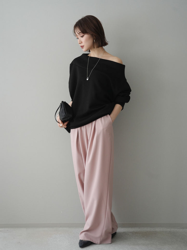 [SET]アシンメトリーオフショルポンチプルオーバー+ベルト付キーホルダーモチーフワイドパンツ(2set)