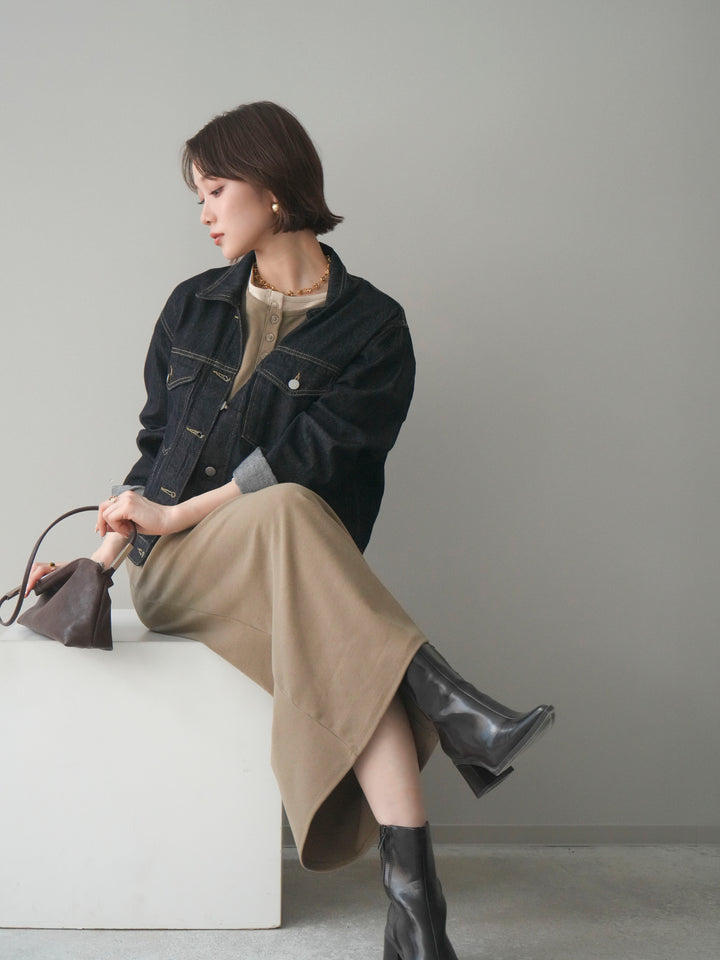 [SET]配色レイヤードヘンリーネックカットリブワンピース+配色ステッチデニムジャケット(2set)