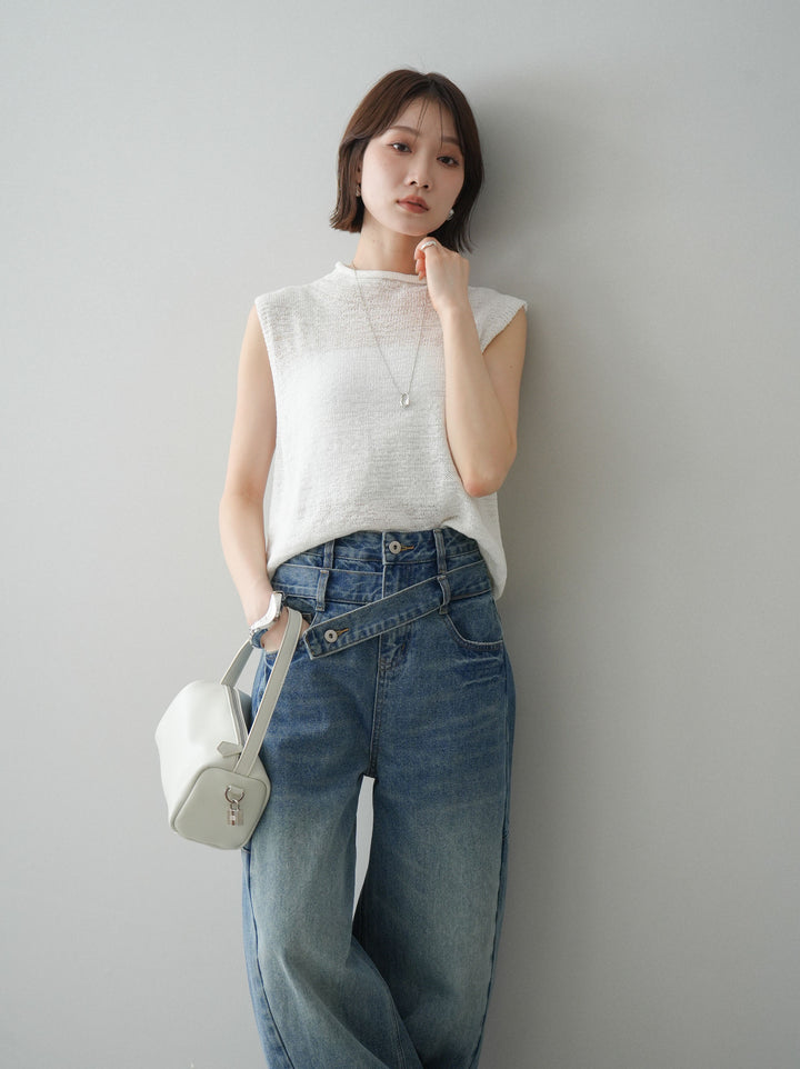 【套裝】無袖亞麻質感透視針織套頭衫 + 不對稱闊腿牛仔褲（兩件套）