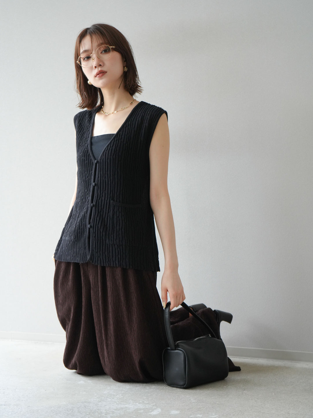 [SET] 波浪夏季針織背心+柳葉寬腿褲（2件套）